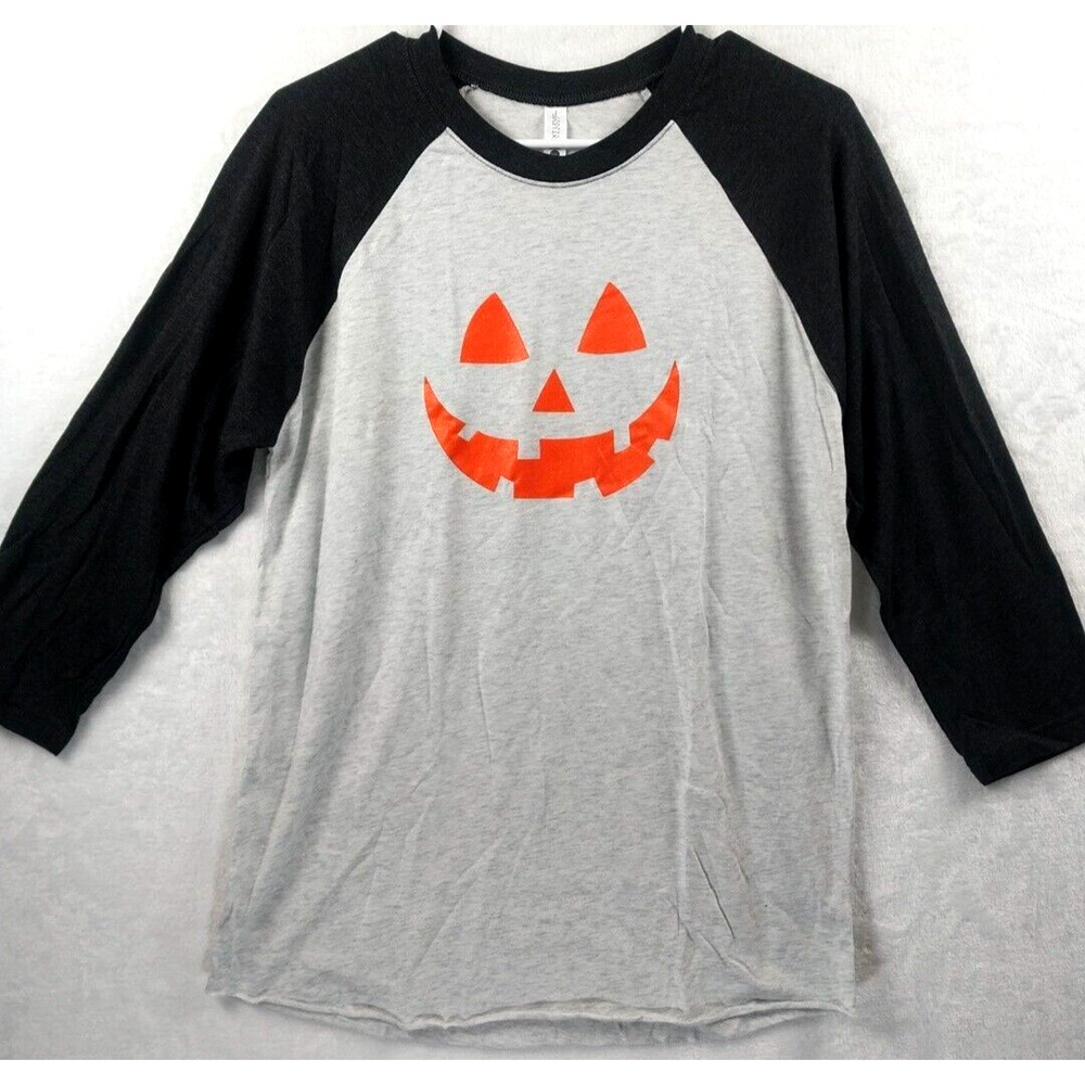 Jack O Lantern Pumpkin Raglan Spooky Halloween Costume Gray T-shirt Size Medium
